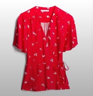 Fourteenth Place Red and White Floral Wrap Top Blouse XS